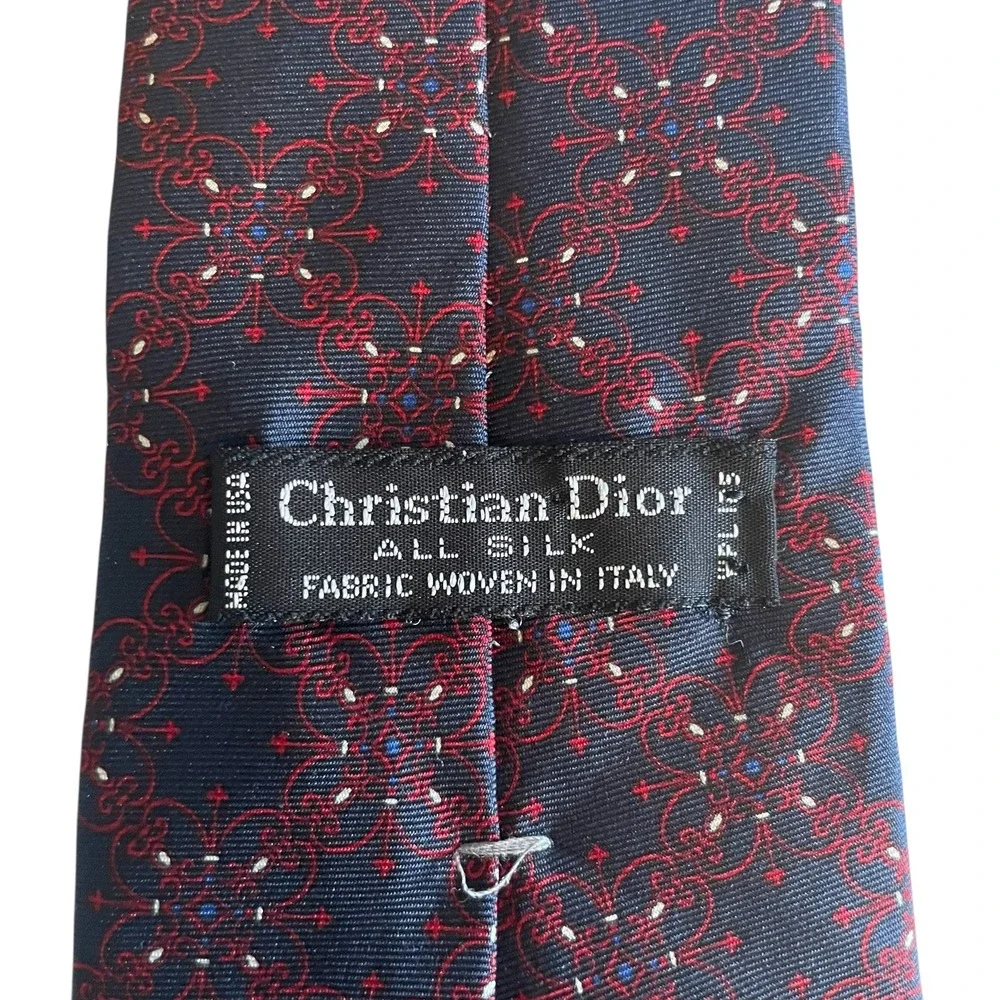Christian Dior Silk Tie Navy & Red Geometric‎ Italian Fabric Made in USA